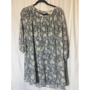 ENTRO Light Blue Floral Lace Up Long Sleeve Tunic Shirt Blouse Medium HH15‎